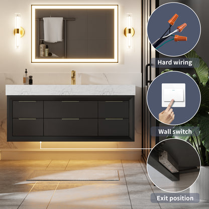 Glam 48 Inch Bathroom Vanity with Top - Modern Floating Black Rubberwood Cabinet with Lights and Stone Slab Countertop, Single Sink