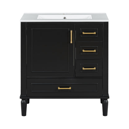 Exbrite 30-Inch Black Bathroom Vanity with Ceramic Sink and Gold Hardware