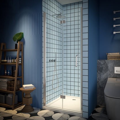 Bifold shower door with brushed nickel finish and tempered glass in modern bathroom setting.