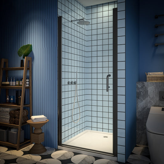 Classy 34-36" W x 72" H Hinged Pivot Semi-Frameless Shower Door Matte Black Install Glass Shower Door