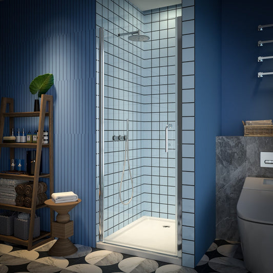 Classy semi-frameless 30-32" W x 72" H chrome pivot shower door with handle in modern bathroom setting.