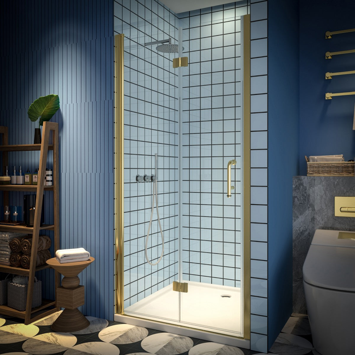 Exbrite Adapt Bifold Shower Door 36-38 in.W x 72 in.H Pivot Swing Shower Doors,Brushed Gold,Clear Tempered Glass - ExBriteUSA