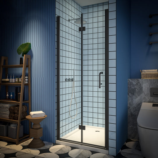 Exbrite Adapt Bifold Shower Door 32-34 in.W x 72 in.H Pivot Swing Shower Doors,Matte Black,Tempered Shower Glass