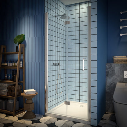 Exbrite Adapt Bifold Shower Door in brushed nickel with clear tempered glass in a modern bathroom setting.