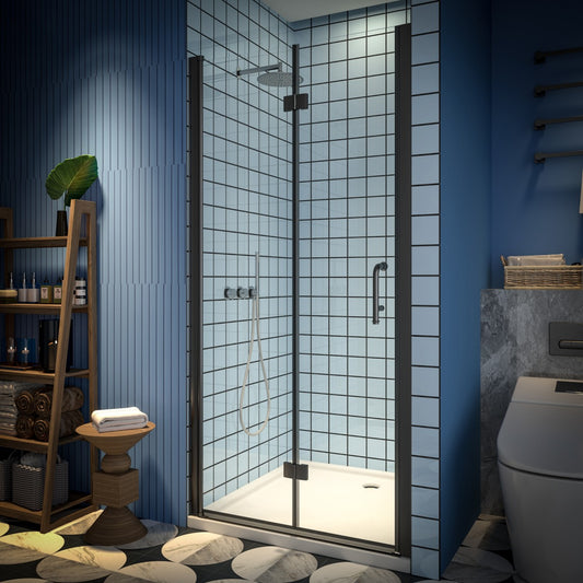Exbrite Adapt Bifold Shower Door 36-38 in.W x 72 in.H Pivot Swing Shower Doors,Matte Black,Clear Tempered Glass