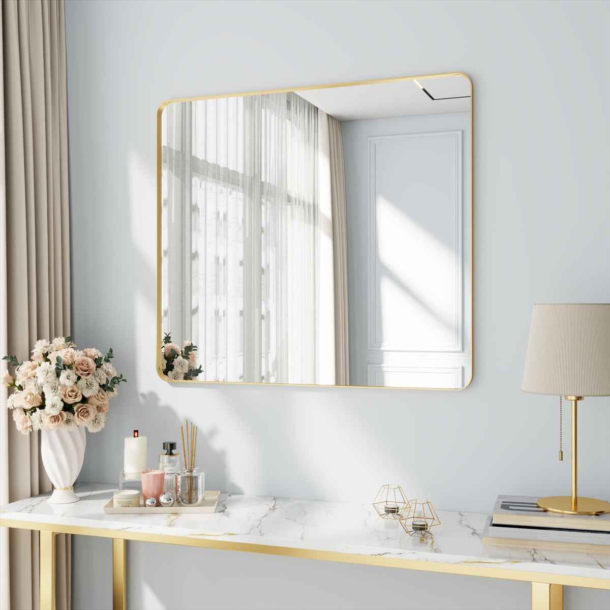 Noir 40" x 36" Gold Framed Rectangular Bathroom Mirror