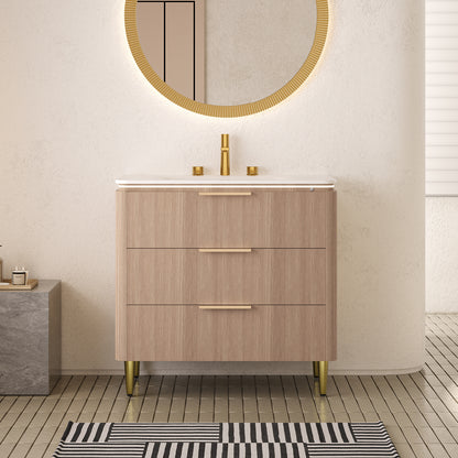Exbrite 36'' Light Oak Woodgrain Color Bathroom Vanity&Sink, Freestanding Curved Edges Ultra-Slim Grille Plywood Storage Cabinet, 3 Drawers, Carrara White Sintered Stone Integrated Basin, Pre-assembled|AMARA