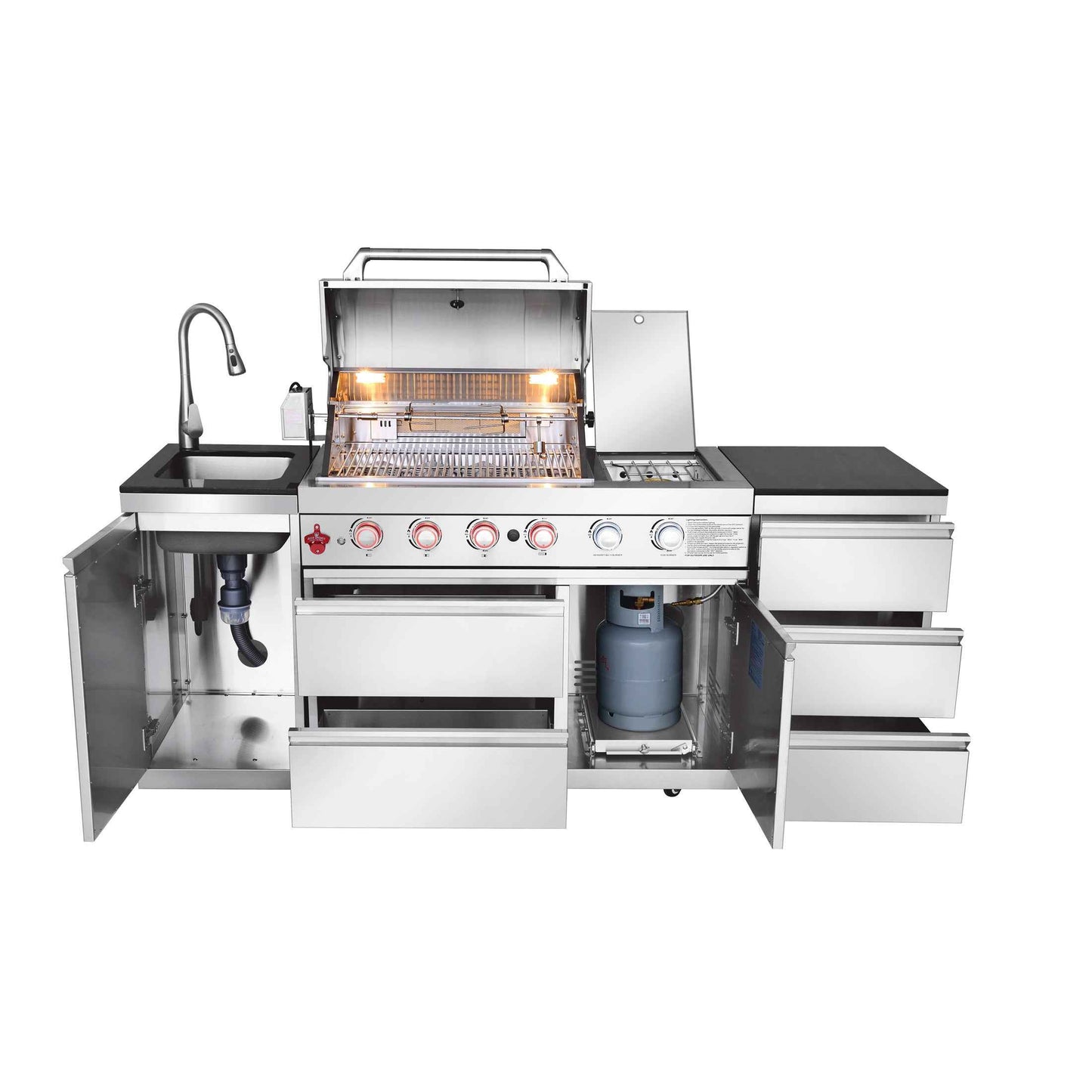 Outdoor Kitchen Island 83.3 Inch 4+1 Burner Propane Gas BBQ Grill 71500 BTU 304 Stainless Steel Silver Color With CSA, ETL Certification + Sink