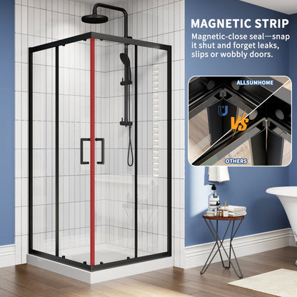 Haven 36" x 72" Matte Black Corner Shower Enclosure,6mm Clear Glass,Double Sliding Shower Doors,Not Base,Adjustable