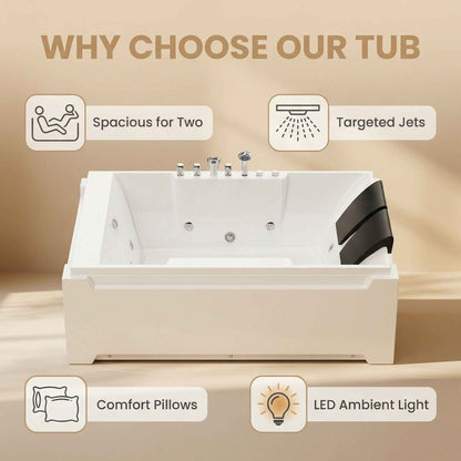 Exbrite X-031 Whirlpool Tub,73" x 48" Jetted Bathtub for 2 Person, Hydro Massage & Chromatherapy,UL Certified,UPC Certified,3 Sided Apron,Acrylic ,110 Gallons,Left Drain