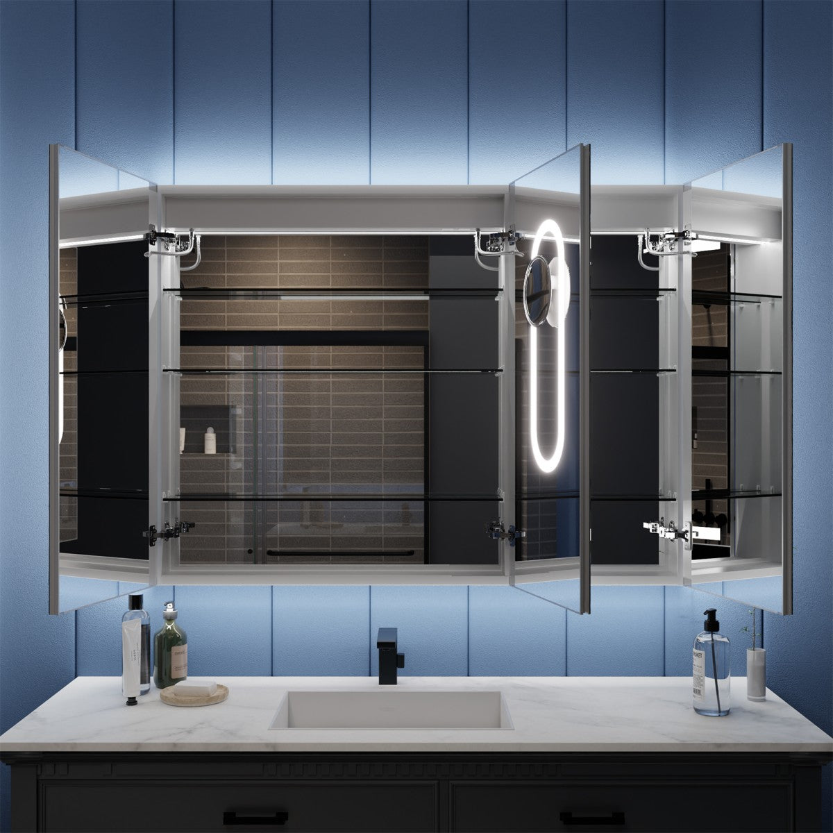 Illusion-B 54" x 36" LED Lighted Inset Mirrored Medicine Cabinet with Magnifiers Front and Back Light