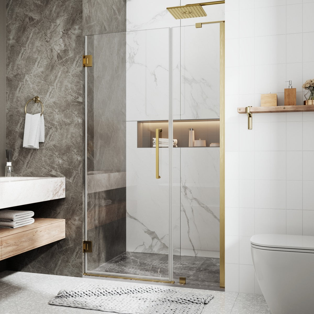 41-42" x 74" Pivot Frameless Shower Door,Brushed Gold,Easy clean|ExBrite Valor Series