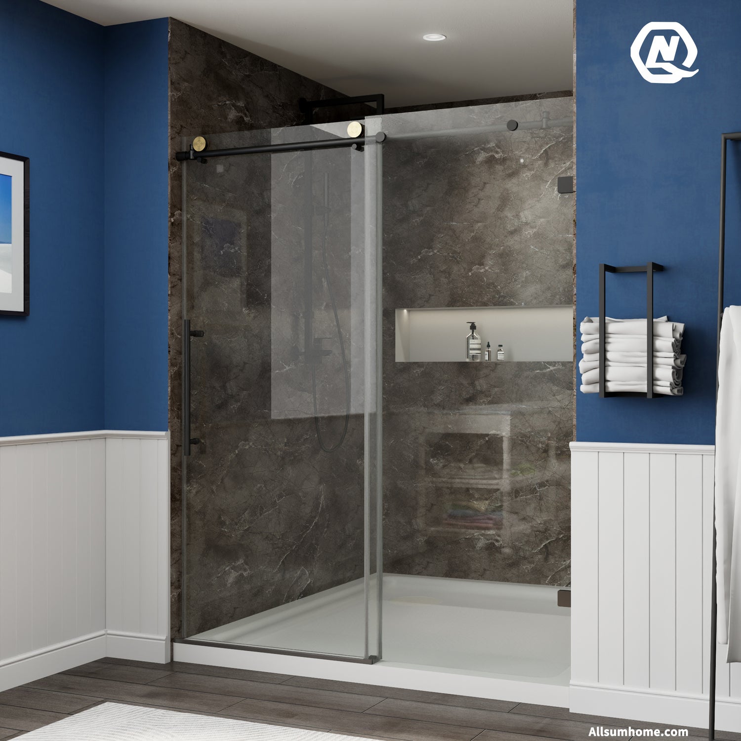 Anchor 56"-60" Width x 74" Height Frameless Sliding Shower Door,Clear Tempered Glass,Matte Black,Smooth Door Closing,Vertical Handle - ExBriteUSA