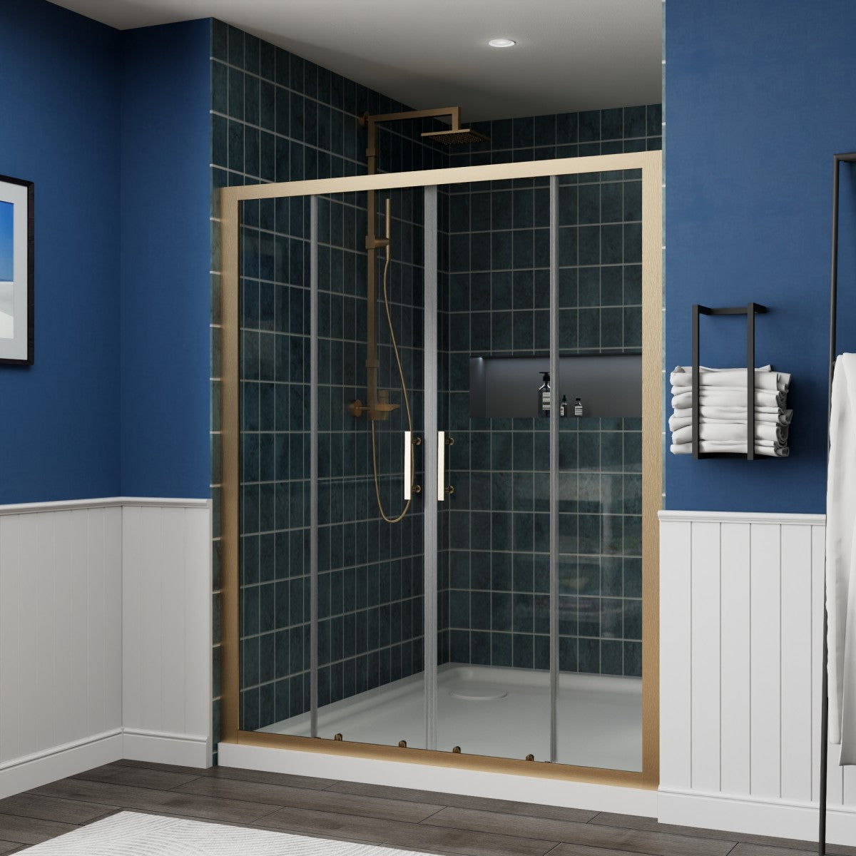 Holden 56-60"W x 70"H Easy Clean Shatter Proof Double Framed Sliding Shower Door with 1/4" (6mm) Clear SGCC Tempered Glass,Brushed Gold Finish