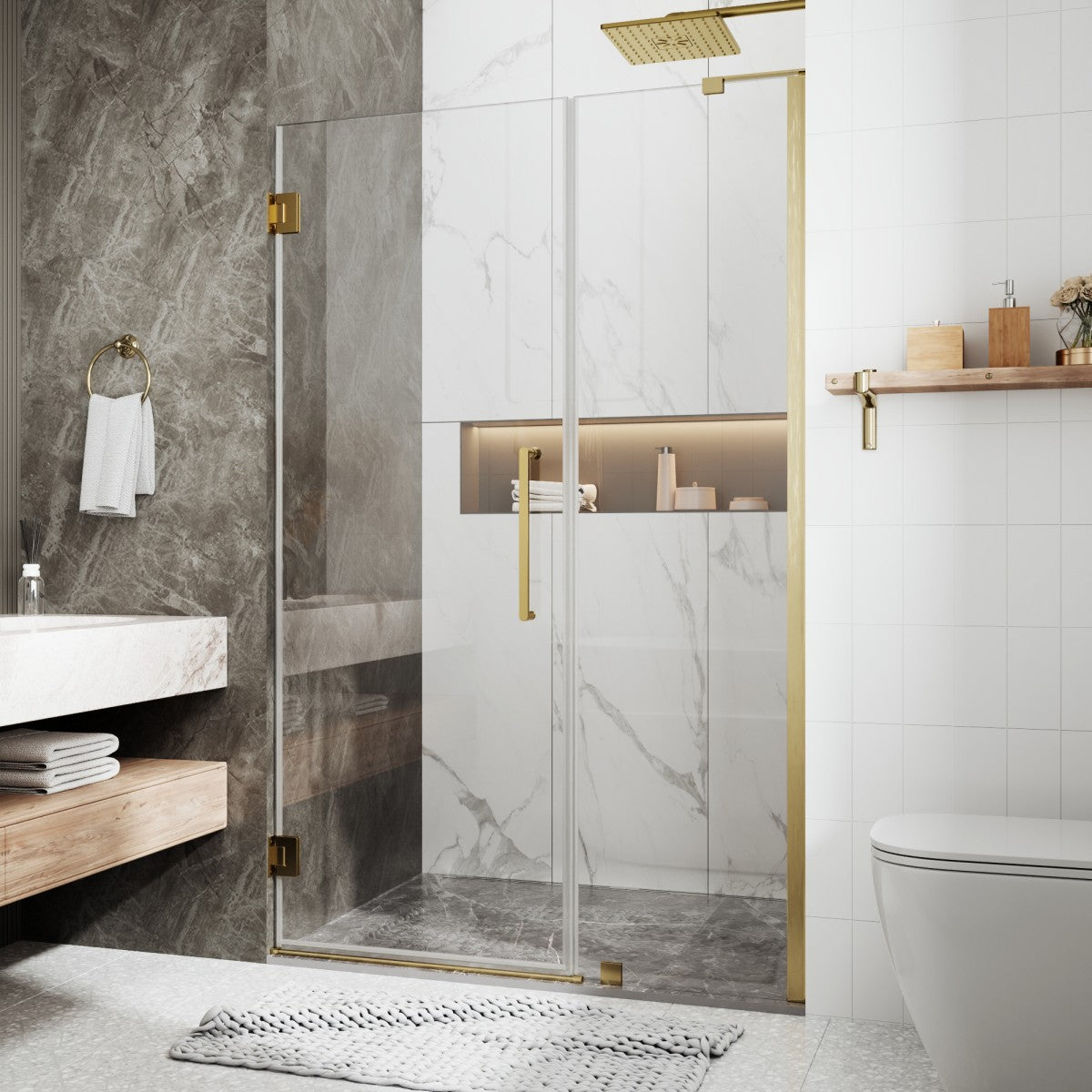 47-48" x 74" Pivot Frameless Shower Door,Brushed Gold,Easy clean|ExBrite Valor Series