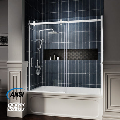 Zephyr 56-60" Semi-Frameless Single Sliding Tub Door,Chrome,Bypass Bathtub Shower Tempered Glass Door with Explosion-Proof Film
