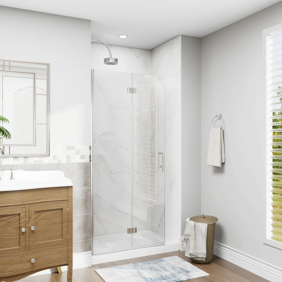 Adapt-E 34 in.W x 72 in.H Bifold Frameless Folding Glass Shower Doors,Chrome Finish,Pivot Swing Shower Doors,1/4 in.Fold Clear Glass