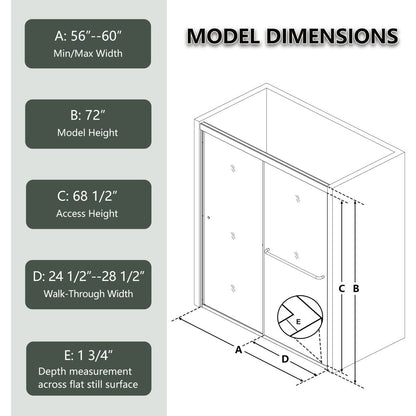 Glide Semi-Frameless Shower Door 56-60 in. W x 72 in. H Bypass Sliding Shower Enclosure,Brushed Nickel,Double Sliding Glass Bathroom Doors - ExBriteUSA