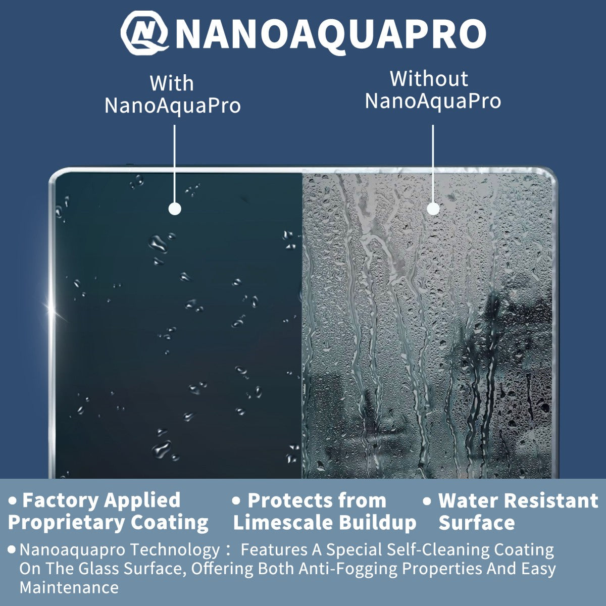 NanoAquaPro coating comparison on sliding glass shower doors, highlighting water resistance and limescale protection.