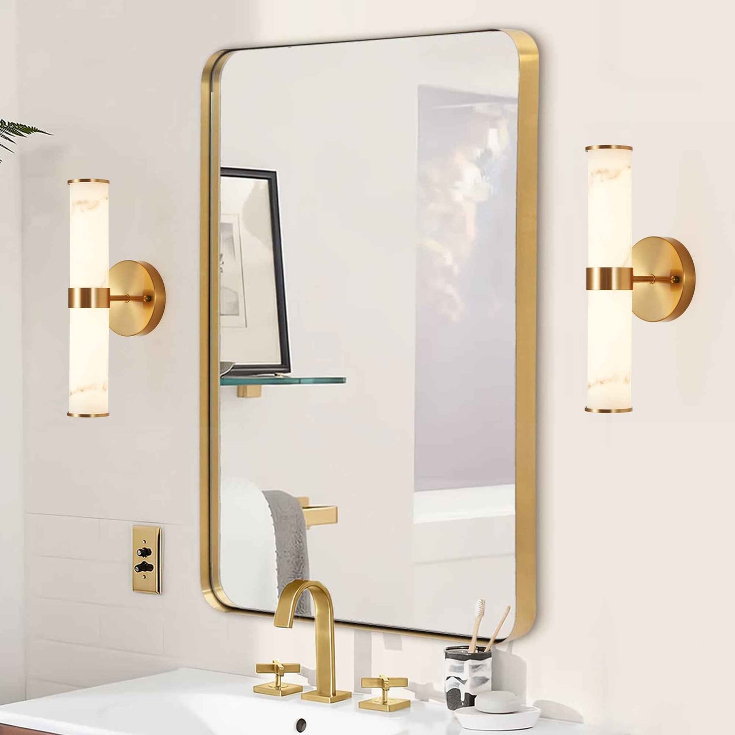 Exbrite Set of 2 Modern Marble-Effect Resin Wall Sconces with Gold Accents – Elegant LED-Compatible Vanity Lights for Bedroom, Living Room & Hallway(Only Inoor)