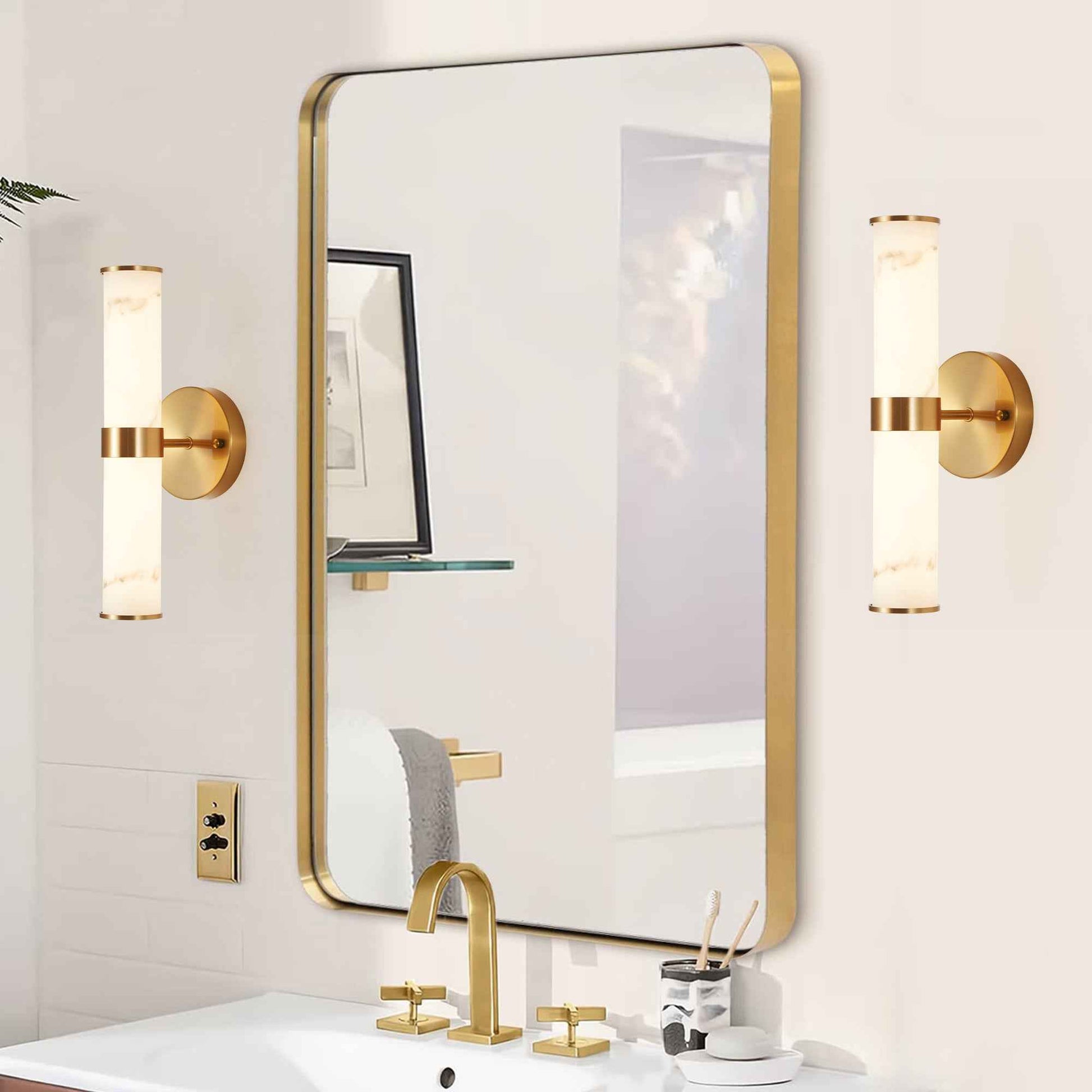 Exbrite Set of 2 Modern Marble-Effect Resin Wall Sconces with Gold Accents – Elegant LED-Compatible Vanity Lights for Bedroom, Living Room & Hallway(Only Inoor)
