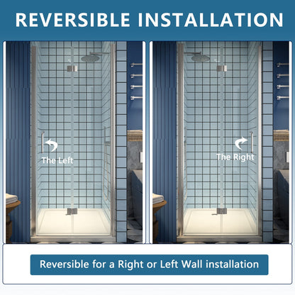 Exbrite Adapt Bifold Shower Door with brushed nickel finish, reversible installation, and tempered glass.