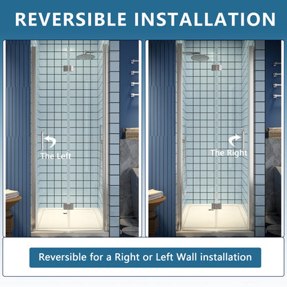 Exbrite Adapt Bifold Shower Door 30-32 in.W x 72 in.H Pivot Swing Shower Doors,Brushed Nickel,Tempered Glass
