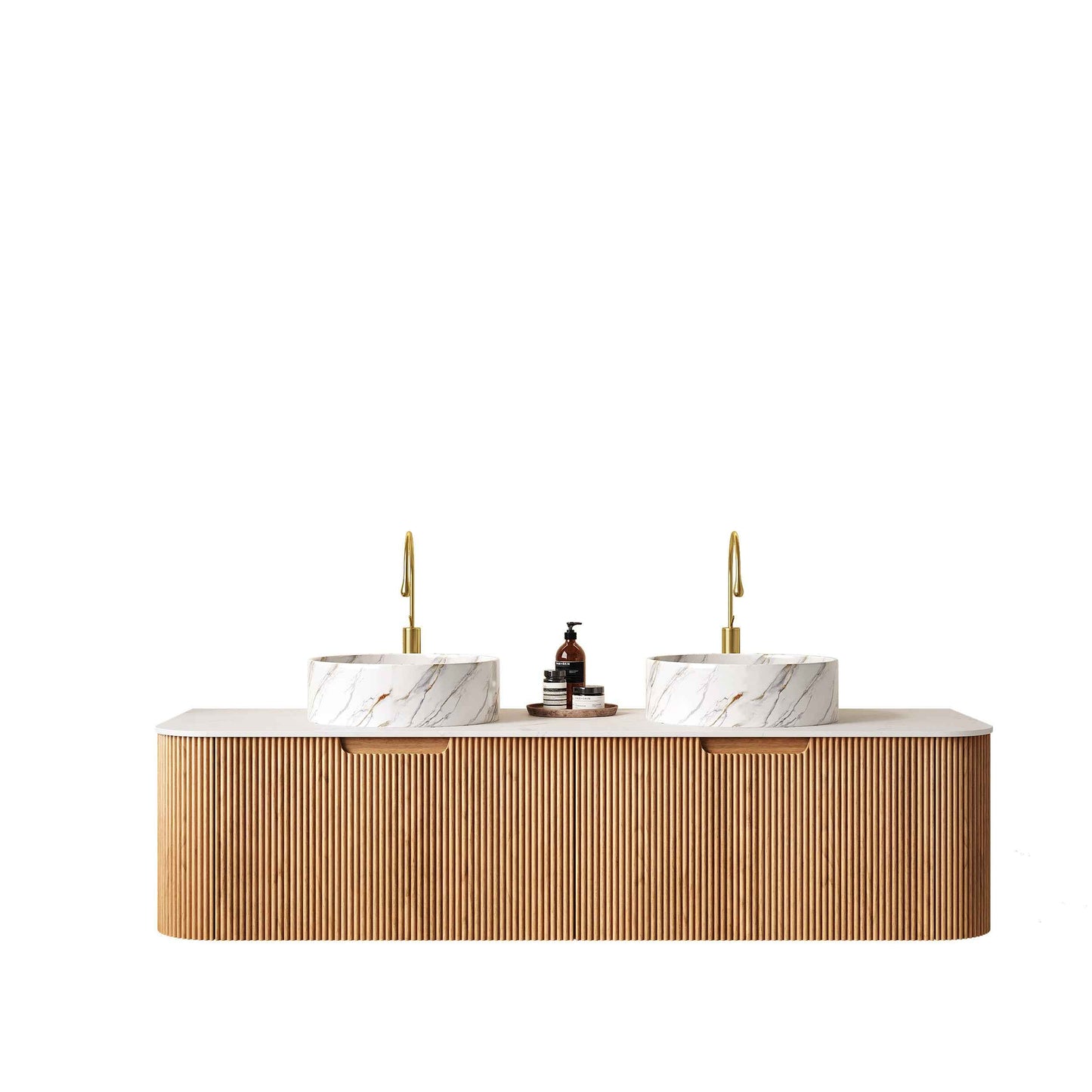 ExBrite DN 60' Bathroom Vanity with Sinks, Wall-Mounted Curved Edges Striped Bathroom Storage Cabinet with 2 Drawers, 2 White Round Ceramic Basin with Stone Pattern, Pre-assembled, Natural Woodgrain Color