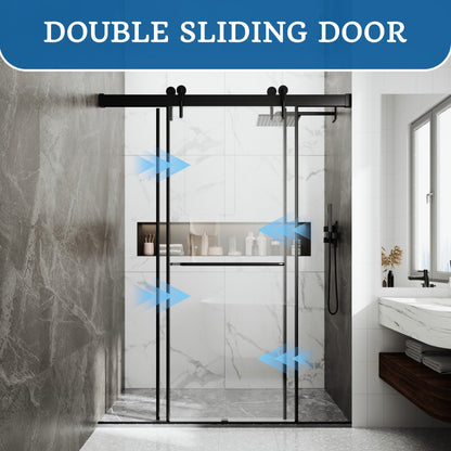 Double sliding shower door with bidirectional opening arrows, demonstrating space-saving entry from left or right side in modern bathroom.