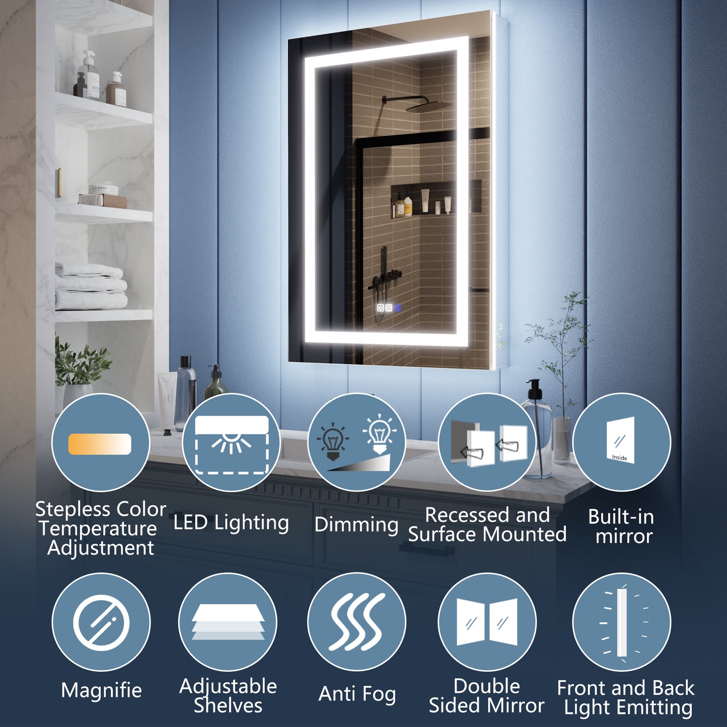 Illusion-B 24" x 36" LED Lighted Inset Mirrored Medicine Cabinet with Magnifiers Front and Back Light