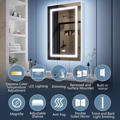 Illusion-B 24" x 36" LED Lighted Inset Mirrored Medicine Cabinet with Magnifiers Front and Back Light