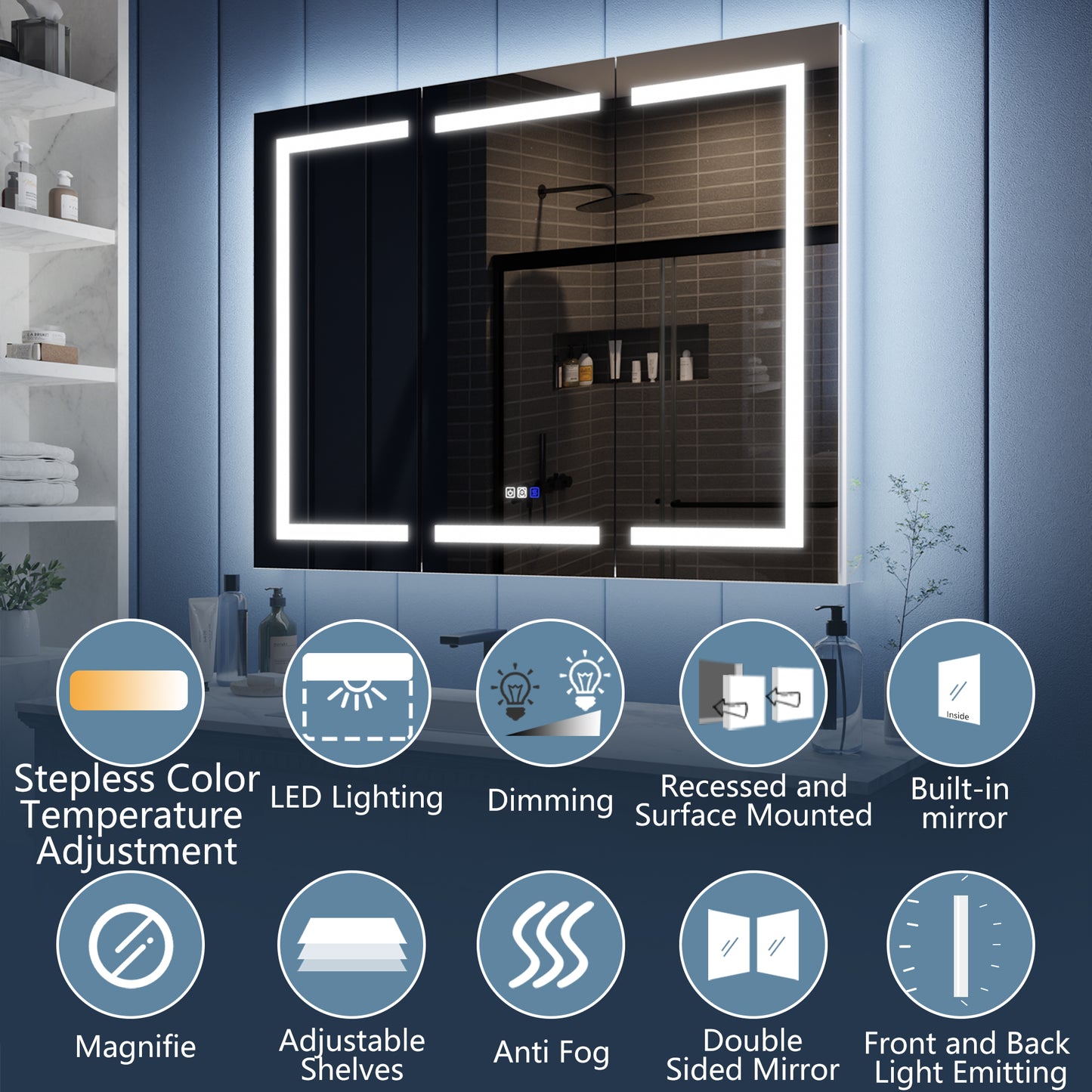 Illusion-B 48" x 36" LED Lighted Inset Mirrored Medicine Cabinet with Magnifiers Front and Back Light