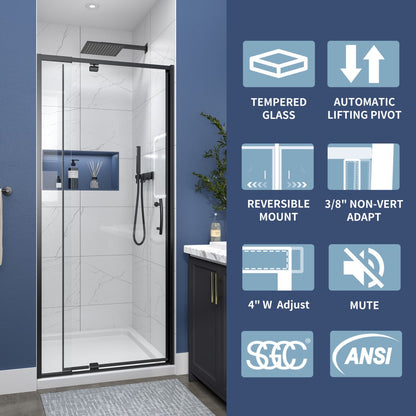 Flexi Showers 28-32" W x 72" H Glass Shower Doos Semi-Frameless,6mm Clear Tempered Glass Panel, Black Finish - ExBriteUSA