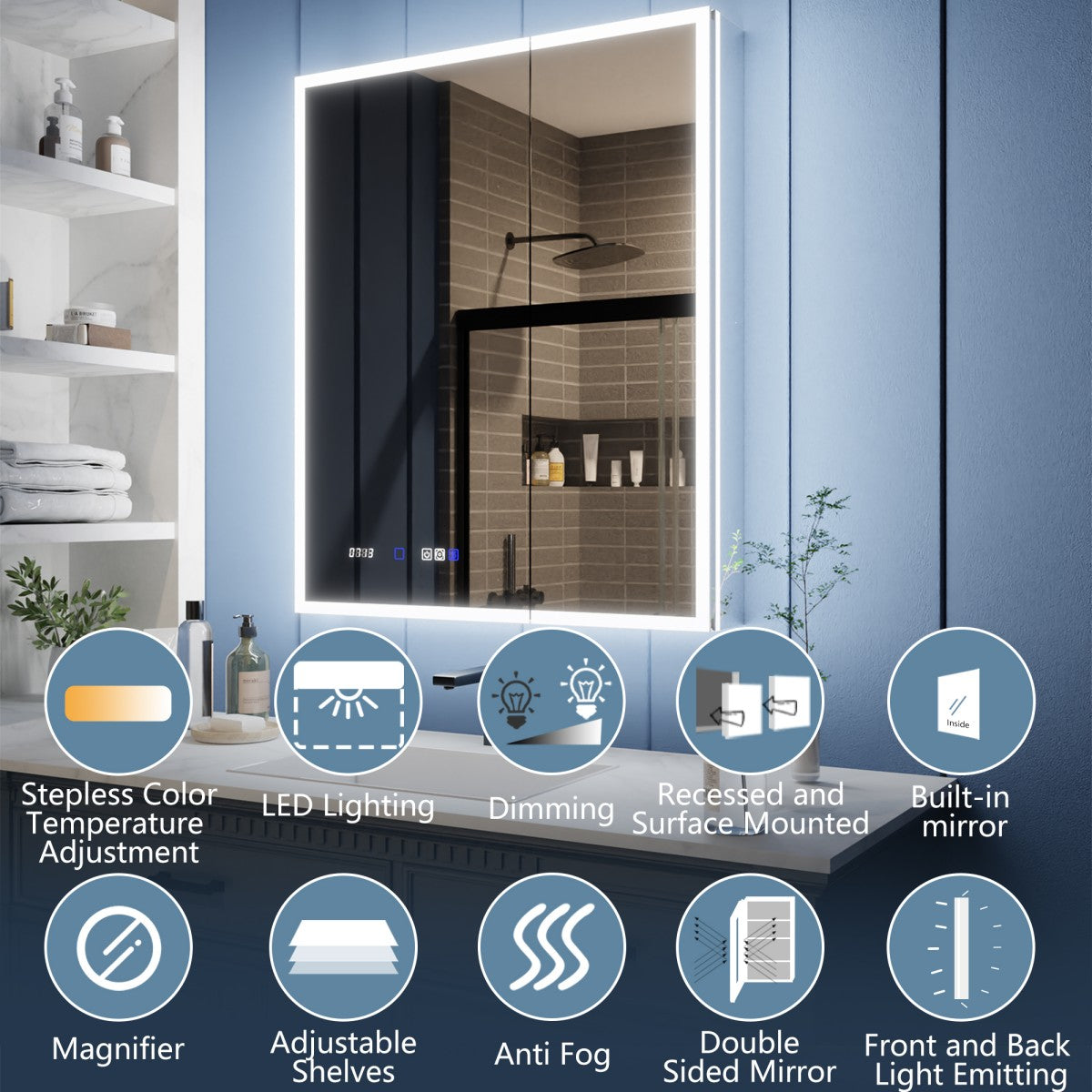 Illusion 60" x 32" LED Lighted Medicine Cabinet with Mirror and Light Magnifiers Front and Back