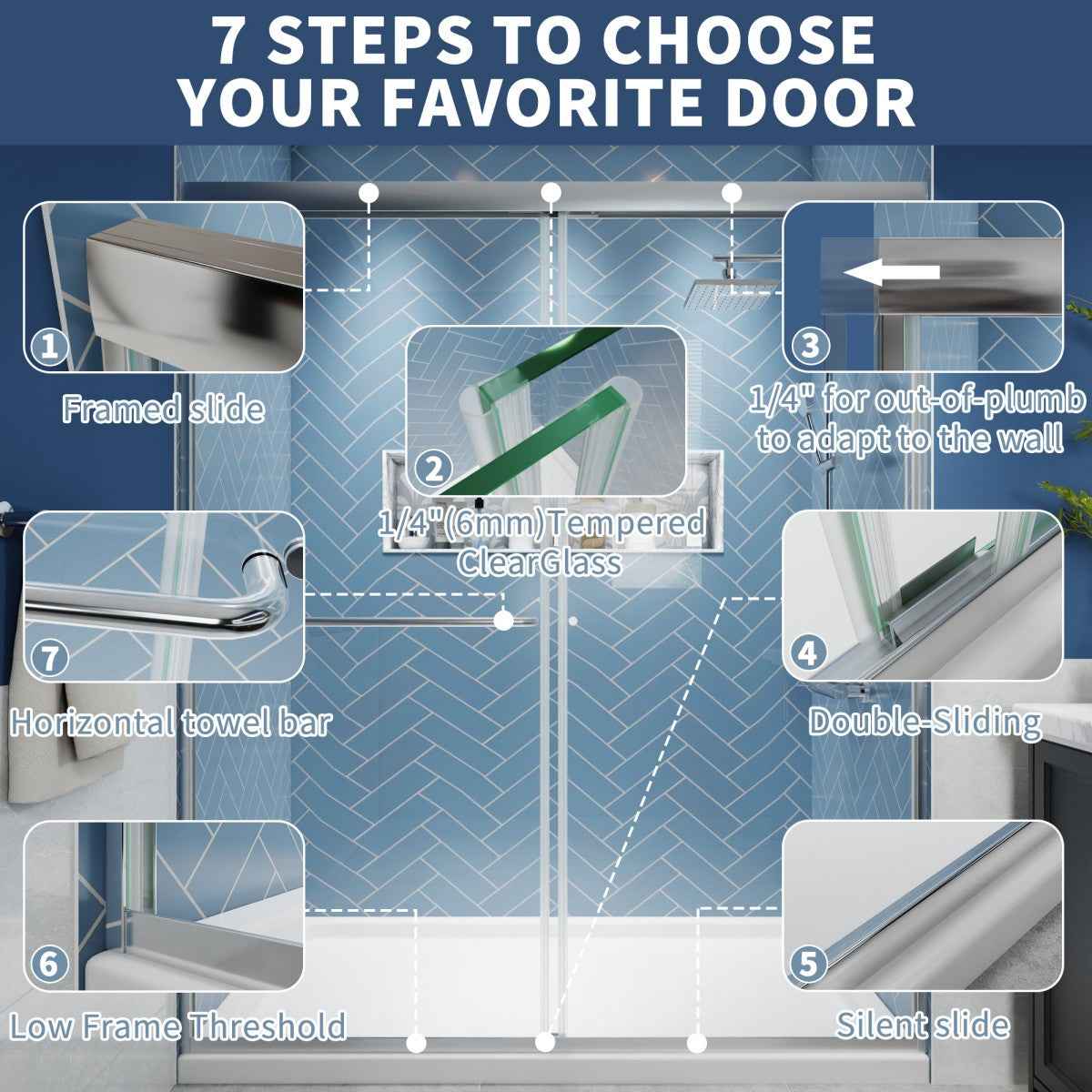 Sliding glass shower doors with chrome frame, clear tempered glass, and easy slide mechanism.