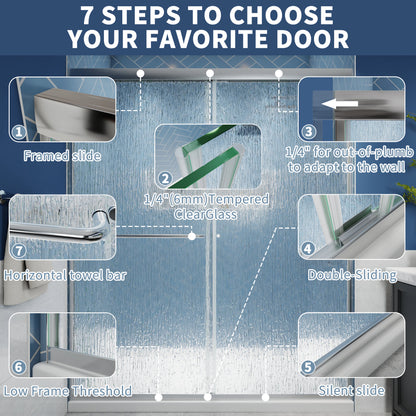 Glide-RA Semi-Frameless Shower Door 56-60 in. W x 70 in. H Bypass Sliding Shower Enclosure,Chrome,Double Sliding Rain Glass Doors