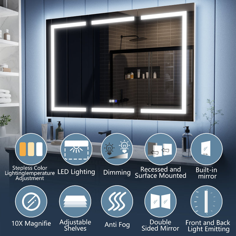Illusion-B 54" x 36" LED Lighted Inset Mirrored Medicine Cabinet with Magnifiers Front and Back Light