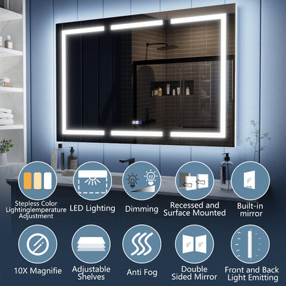 Illusion-B 54" x 36" LED Lighted Inset Mirrored Medicine Cabinet with Magnifiers Front and Back Light
