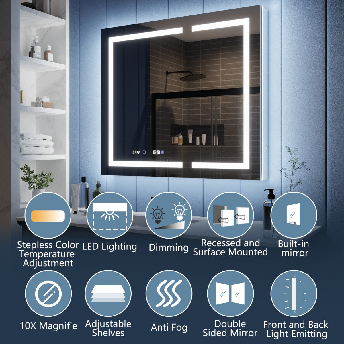 Bathroom mirror with LED lighting features and icons indicating its functions.
