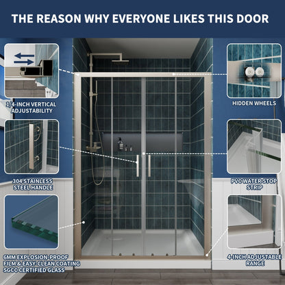 Holden 50-54"W x 70"H Easy Clean Shatter Proof Double Framed Sliding Shower Door with 1/4" (6mm) Clear SGCC Tempered Glass,Brush Nickel