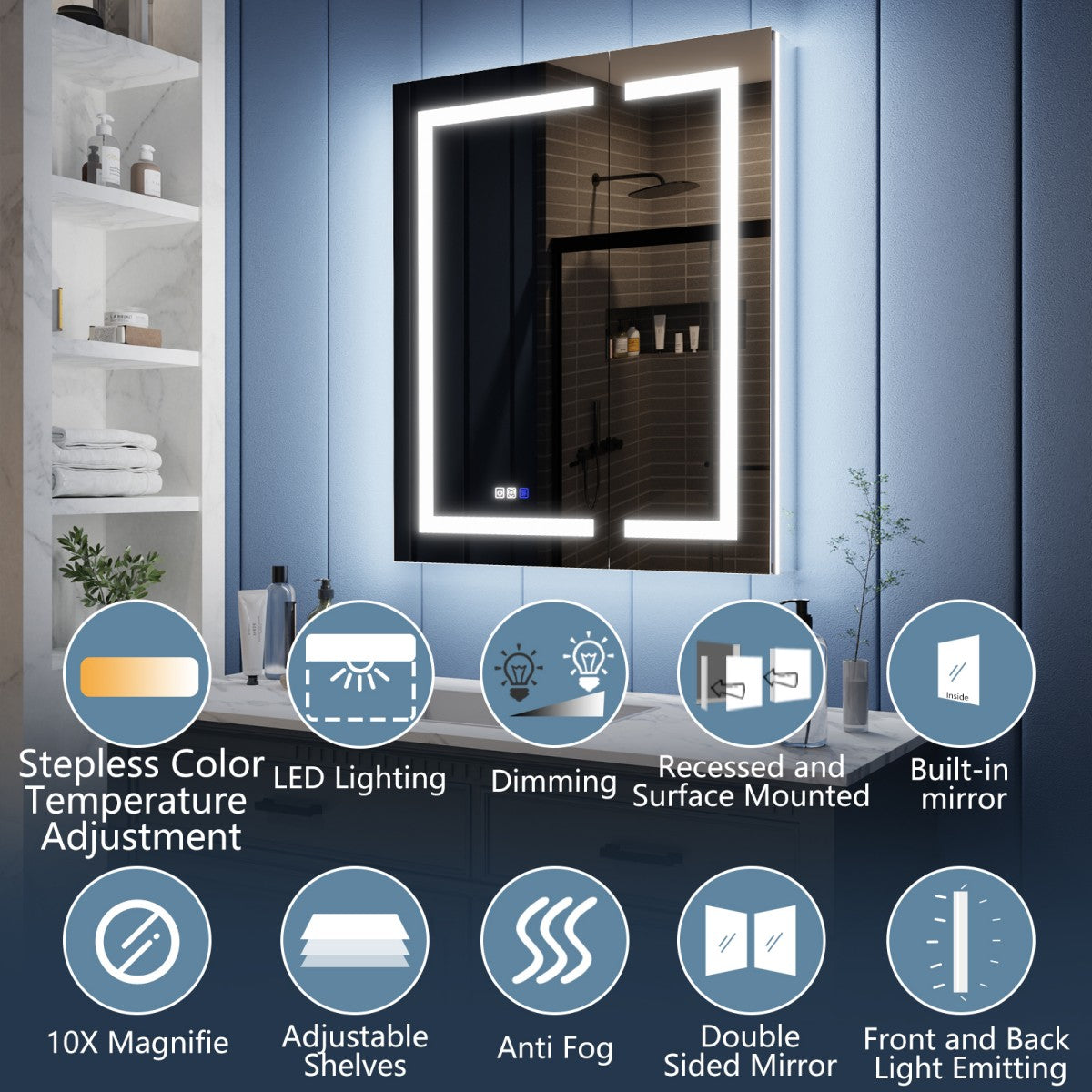 Illusion-B 30" x 36" LED Lighted Inset Mirrored Medicine Cabinet with Magnifiers Front and Back Light