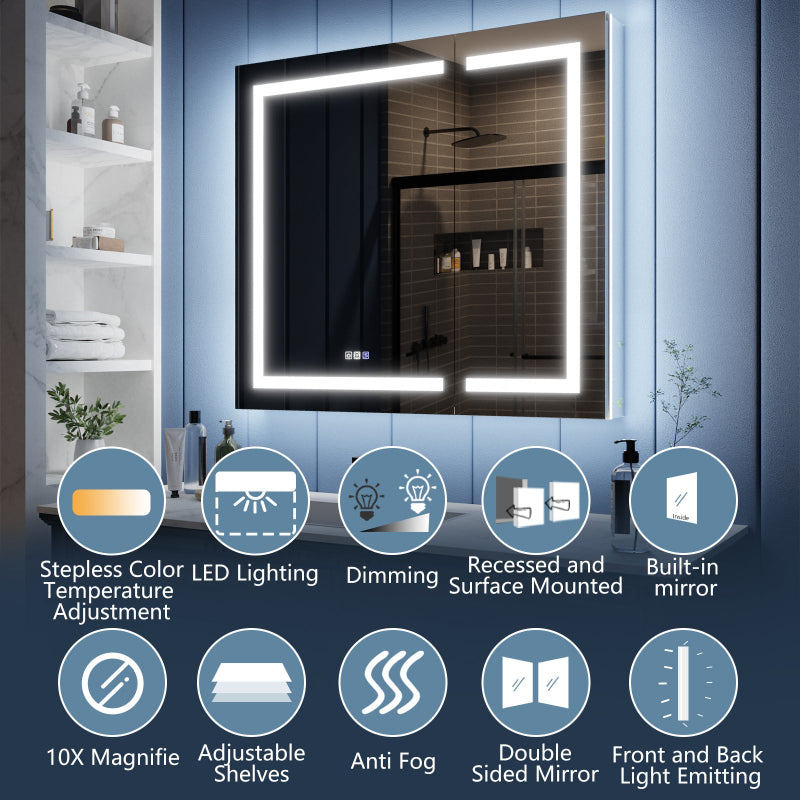 Illusion-B 42" x 36" LED Lighted Inset Mirrored Medicine Cabinet with Magnifiers Front and Back Light