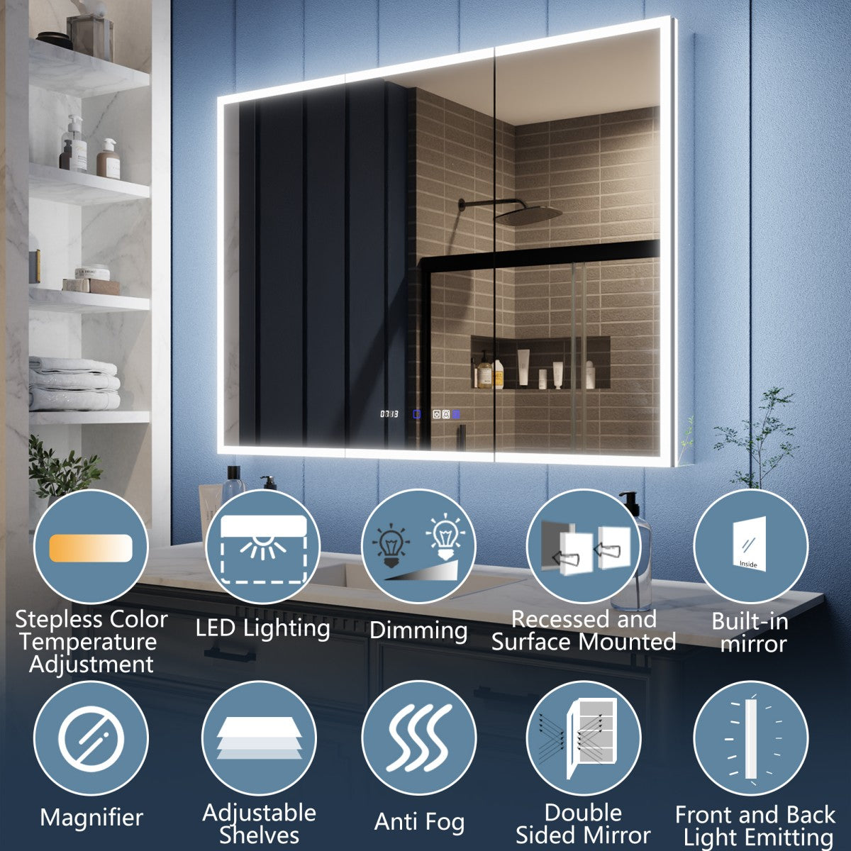 Illusion 48" x 36" LED Lighted Medicine Cabinet with Magnifiers Front and Back Light-with Clock