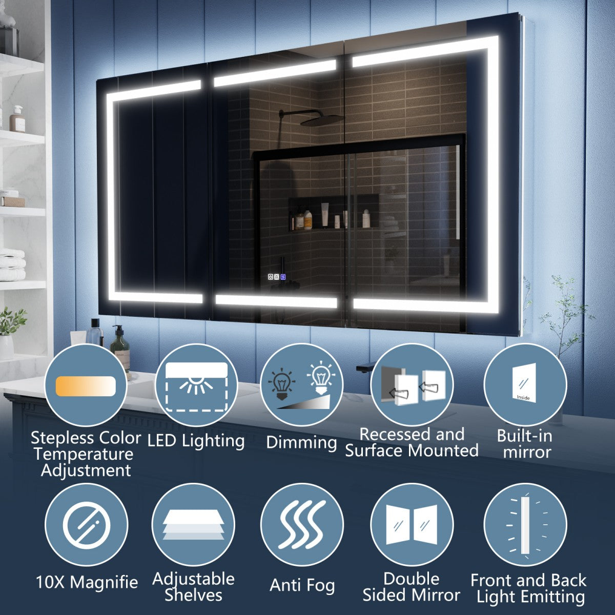 Illusion-B 66" x 36" LED Lighted Inset Mirrored Medicine Cabinet with Magnifiers Front and Back Light