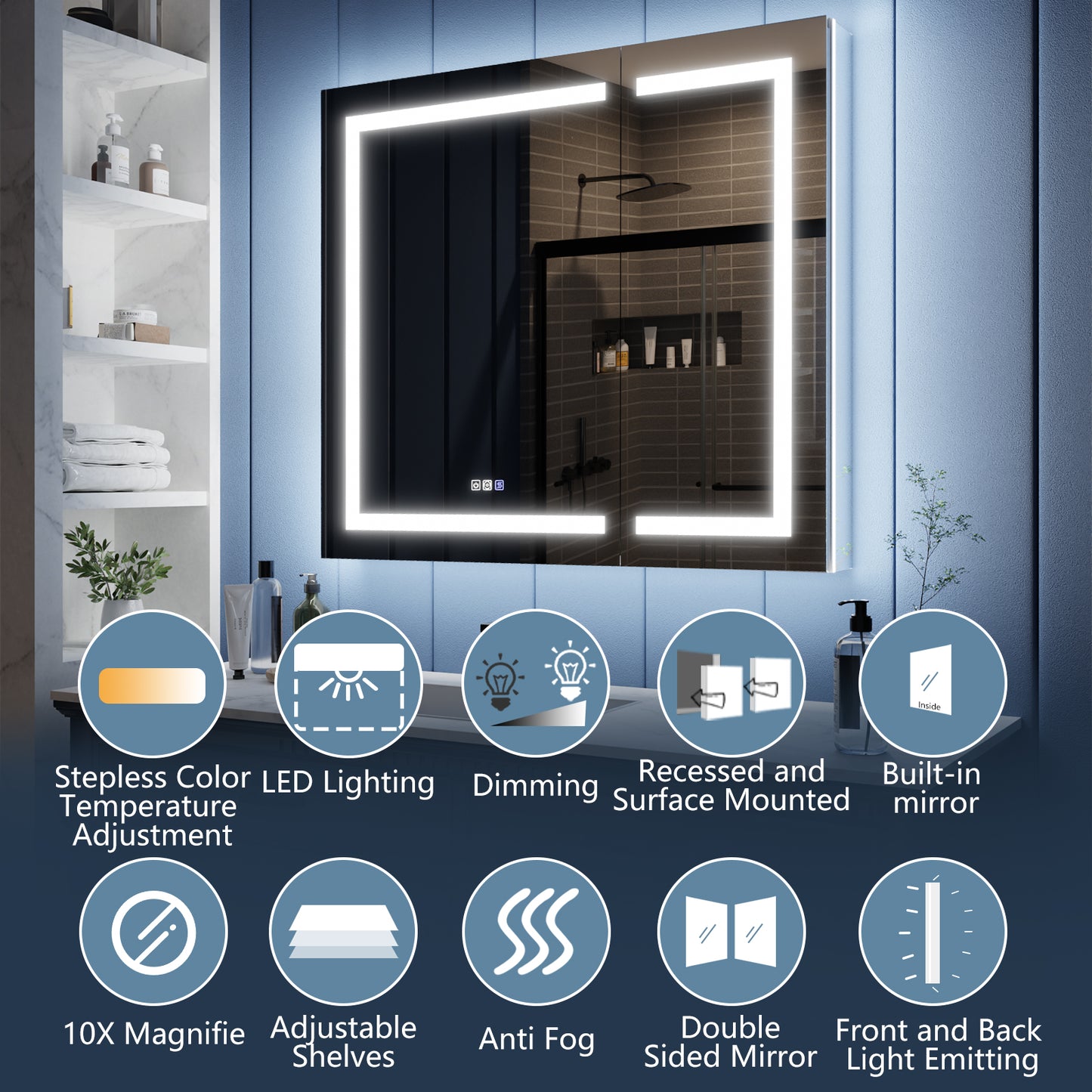 Illusion-B 42" x 36" LED Lighted Inset Mirrored Medicine Cabinet with Magnifiers Front and Back Light