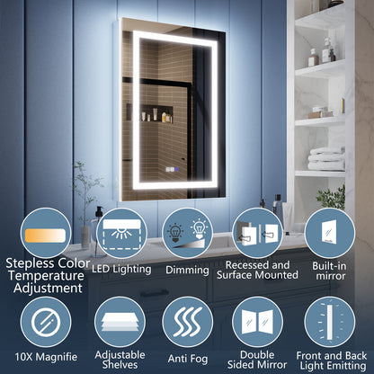 Illusion-B 24" x 36" LED Lighted Inset Mirrored Medicine Cabinet with Magnifiers Front and Back Light, Right Hinge