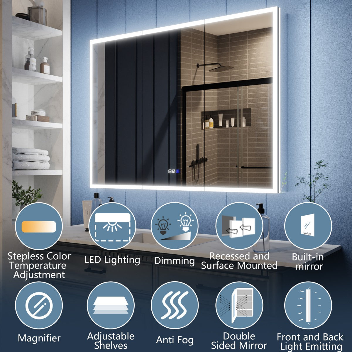 Illusion 48" x 36" LED Lighted Medicine Cabinet with Magnifiers Front and Back Light