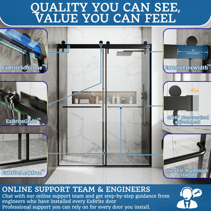 ExBrite sliding shower door feature highlights: smooth glide rollers, leak-free seal, durable aluminum handle, and 4-inch width adjustment.