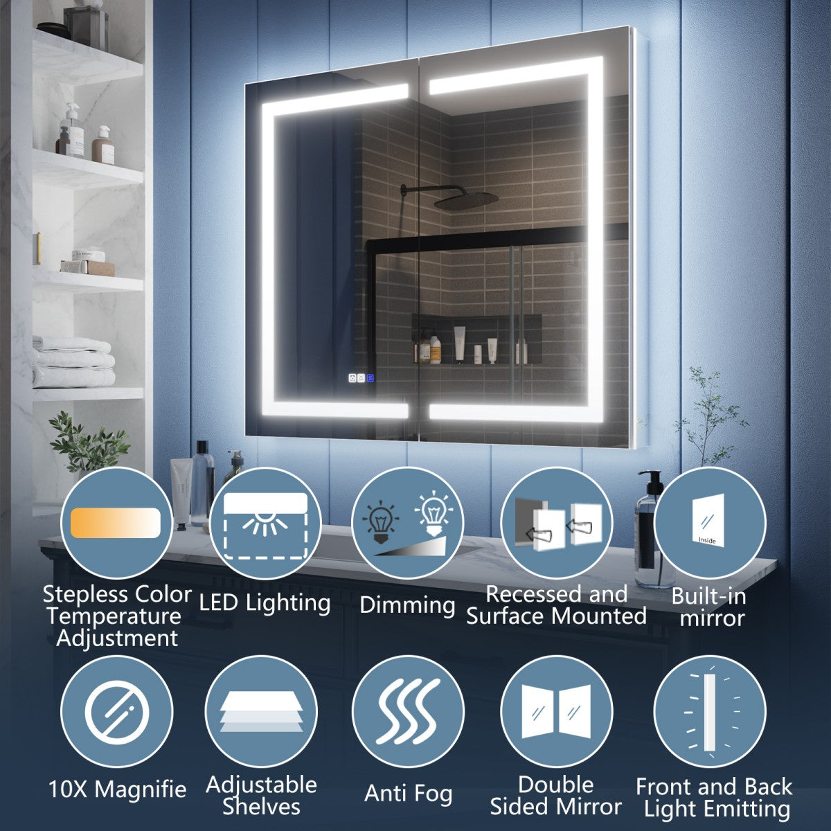 Illusion-B 36" x 36" LED Lighted Inset Mirrored Medicine Cabinet with Magnifiers Front and Back Light