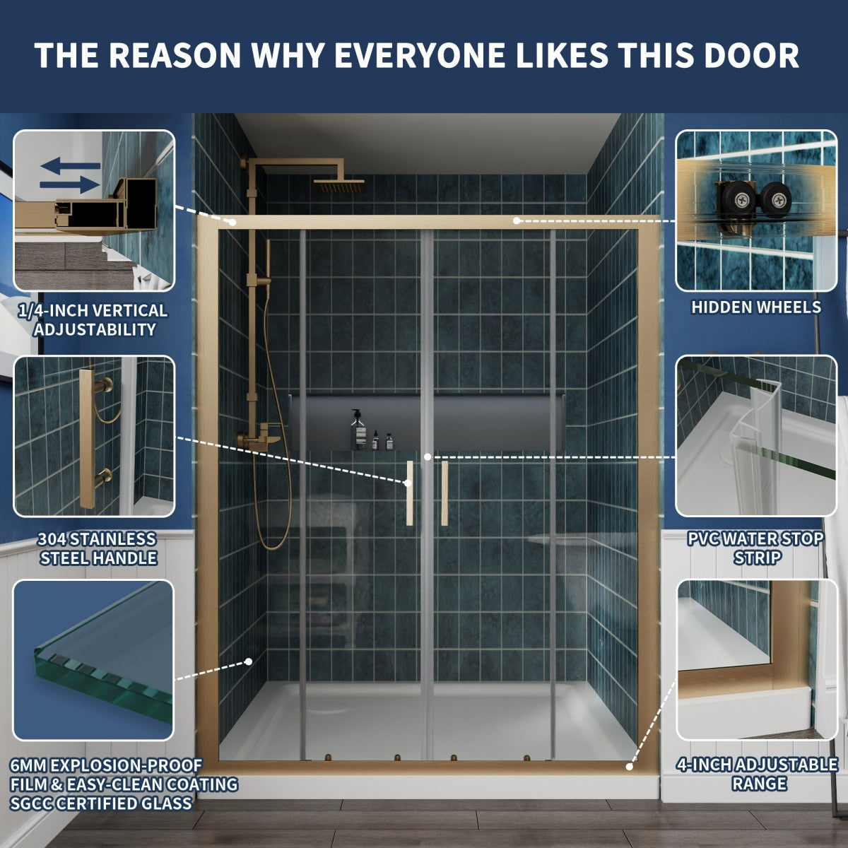 Holden 56-60"W x 70"H Easy Clean Shatter Proof Double Framed Sliding Shower Door with 1/4" (6mm) Clear SGCC Tempered Glass,Brushed Gold Finish
